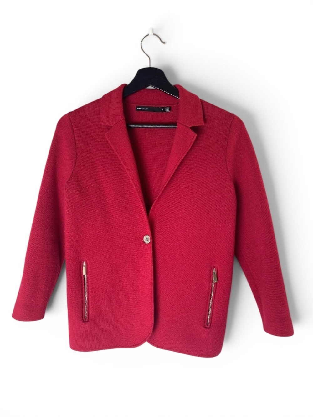 Karen Millen Wool Knit Blazer Jacket Zip Pockets 3/4 Sleeve Crimson Red Size M